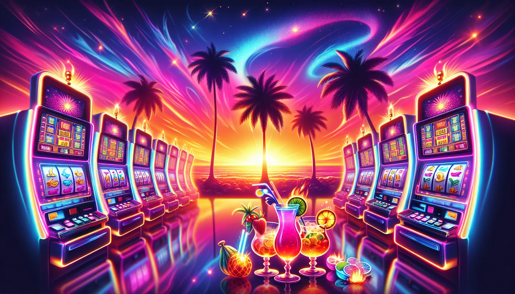 Tropical casino paradise with palm trees and neon lights